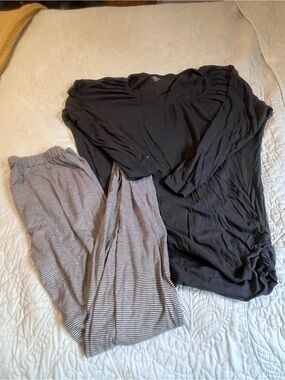 Motherhood Maternity pajamas - Dark Grey Top & Grey Striped Pants